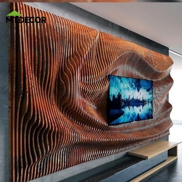 Modern Carved Wood Wall Panel With 3D Wave Effect factory